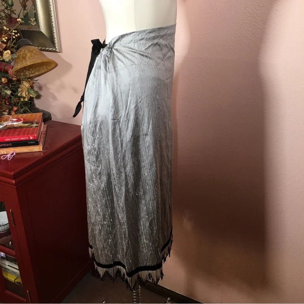 Vintage 1990 Y2K Unique Art deco Raw Silk Beaded Fringe Midi Formal Skirt - Picture 10 of 17